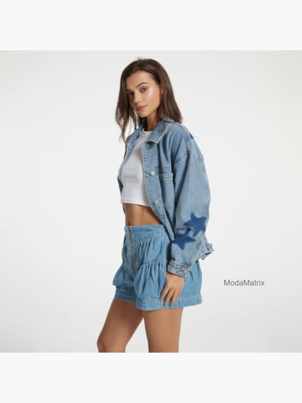 Oversized Boyfriend Denim Jacket with Leopard Stars Print Button Front Pockets - Picture 4 of 7
